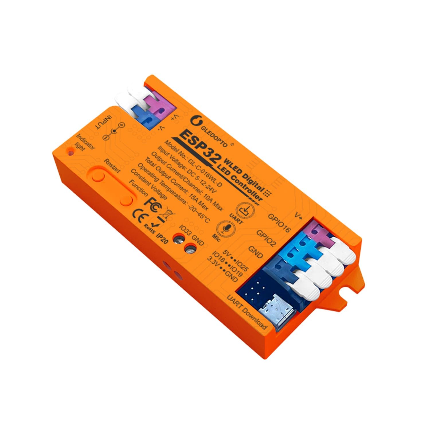 LIGHTEUยฎ, GLEDOPTO WiFi WLED LED controller ESP32, 1 channel, with microphone DC 5โ24V 15A for addressable RGB LED strips WS2811 WS2812 SK6812 WS2813, GL-C-016WL-D