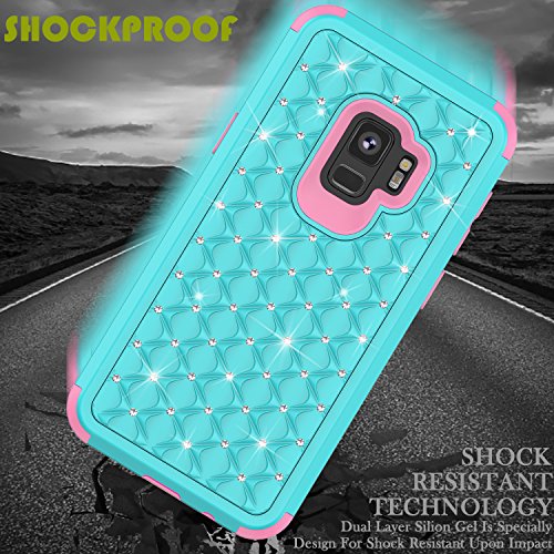 Folice For Galaxy S9 Case, Tri-Layer Shockproof Protective Bling Glitter Gypsophila Design Soft Silicone Hard Plastic Bumper Sturdy Case Cover For Samsung Galaxy S9 (Aqua+Pink) #TOP4