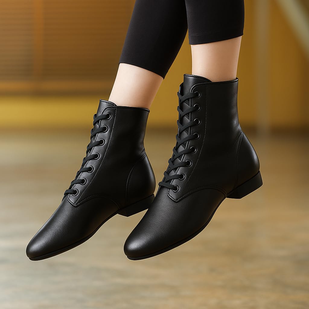 Stivali da jazz da ballo: scarpe da jazz alte nere con lacci, in pelle di alta qualità, suola piatta con spacco, stivali jazz sopra la caviglia, per donne, ragazze, bambini e uomini