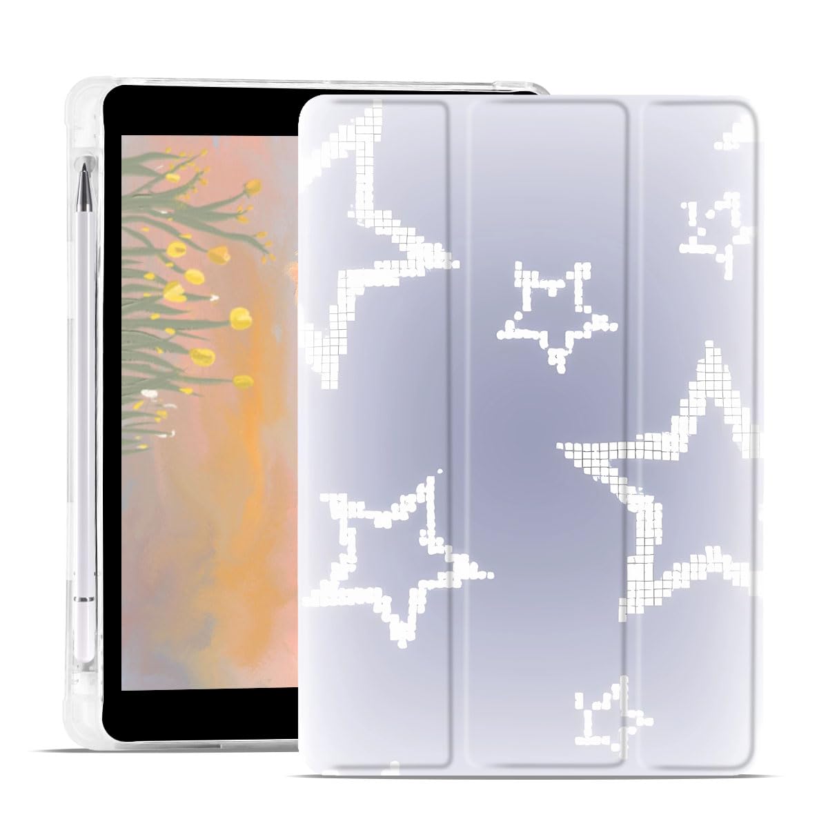 JOYLANDStars Pad Case for 10.9 Inch iPad 2022, Trifold Magnetic Stand Case with Pencil Holder, Auto Wake/Sleep, Soft Leather Clear TPU Back, Stylish Girly