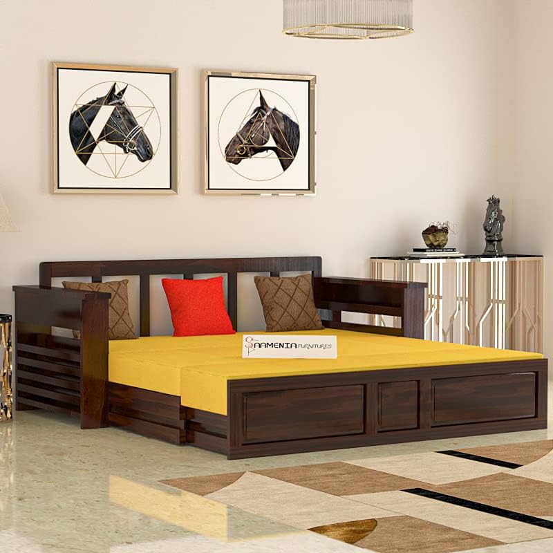 Image of Mamta Furniture Solid Wood Foster 3 Seater Sofa Cum Bed with 40 Density Cushions for Living Room, Three Seater Queen Size Sofa Bed for Home, Sofa Com Bed, Sheesham Wood Walnut