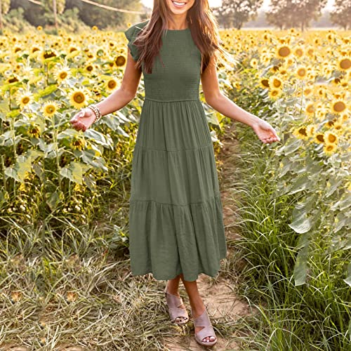 UIFLQXX Vestidos de verão femininos casuais de verão com manga curta e gola redonda e cintura elásti