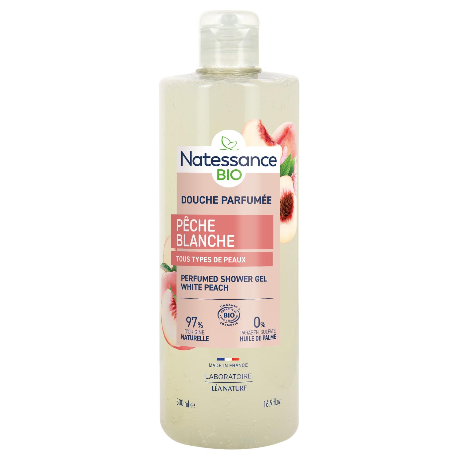 Gel douche bio parfumé pêche blanche pour un nettoyage doux et gourmand au quotidien — NATESSANCE — 500 mL - Lot de 3
