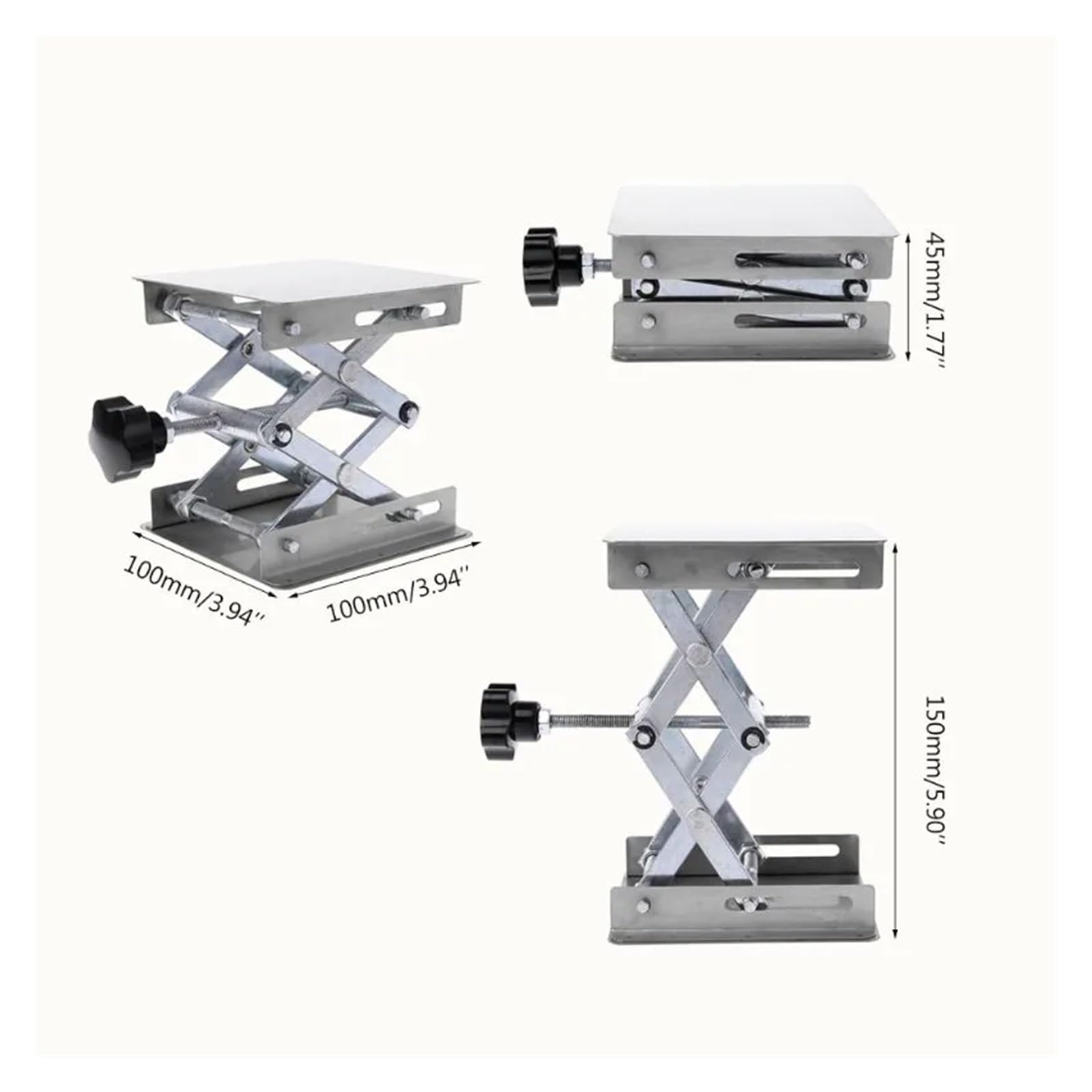 Piattaforma di sollevamento in acciaio inox, regolabile, 100 x 100 mm, tavolo sollevatore da laboratorio per lavori precisi, design stabile, ideale per esperimenti scientifici