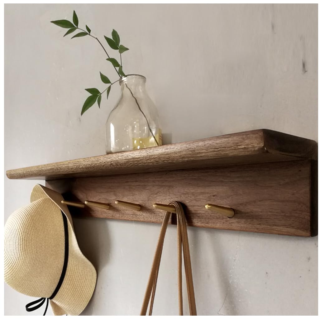 Qpkz Brown Walnut Wood Coat Rack Wall Mount With Shelf, Heavy Duty Wall Hooks Entryway Hanging Shelves With Brass Hooks For Clothes Hats Towel Purse Robes, Bathroom Mudroom Bedroom 70Cm