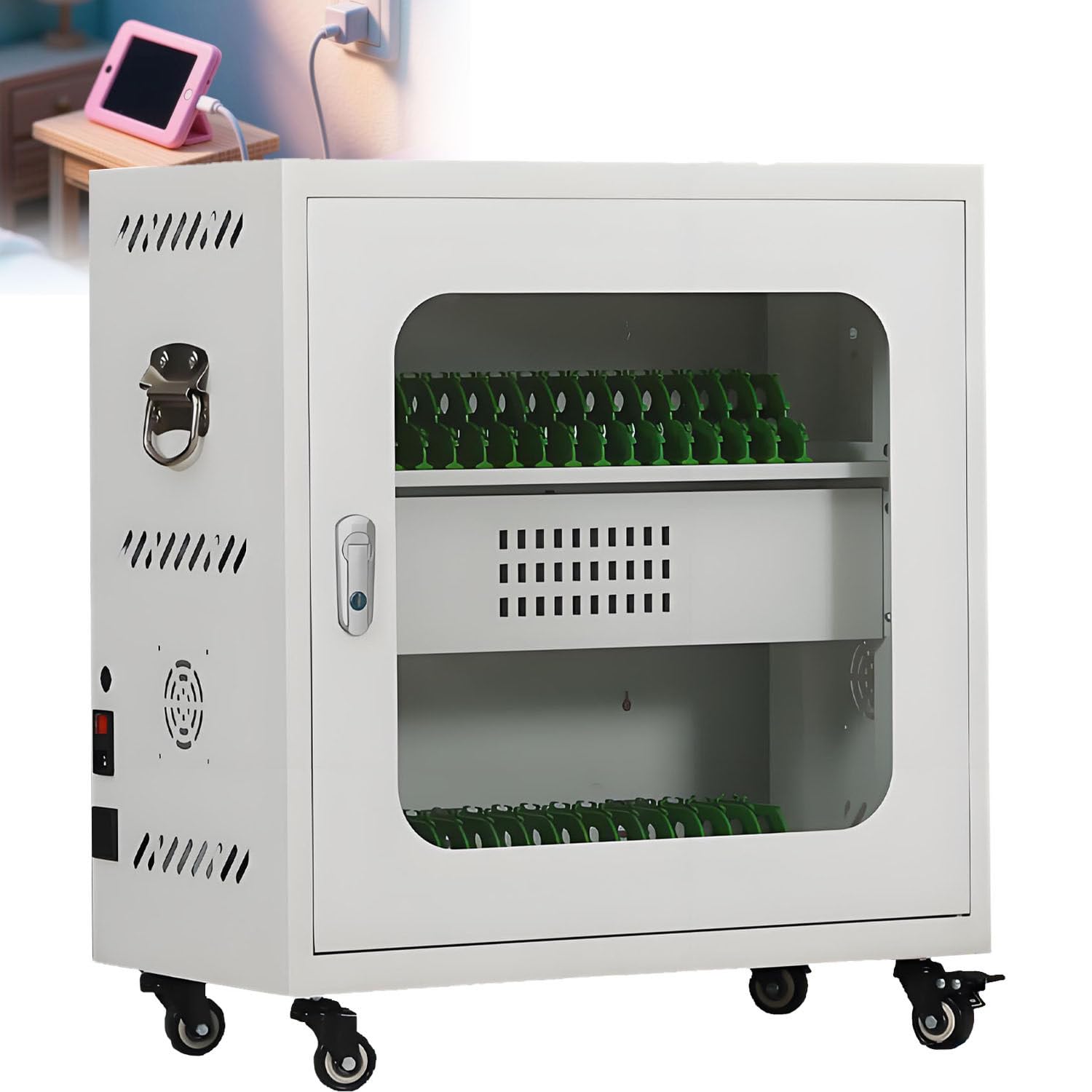 UORDBY Rechargeable Phone Locker Charging Cart, 4 Universal Wheels, Security Lock, Laptop & Phone Charging Cabinet, 5V 2A Charging for Classroom/Office Devices 30slots