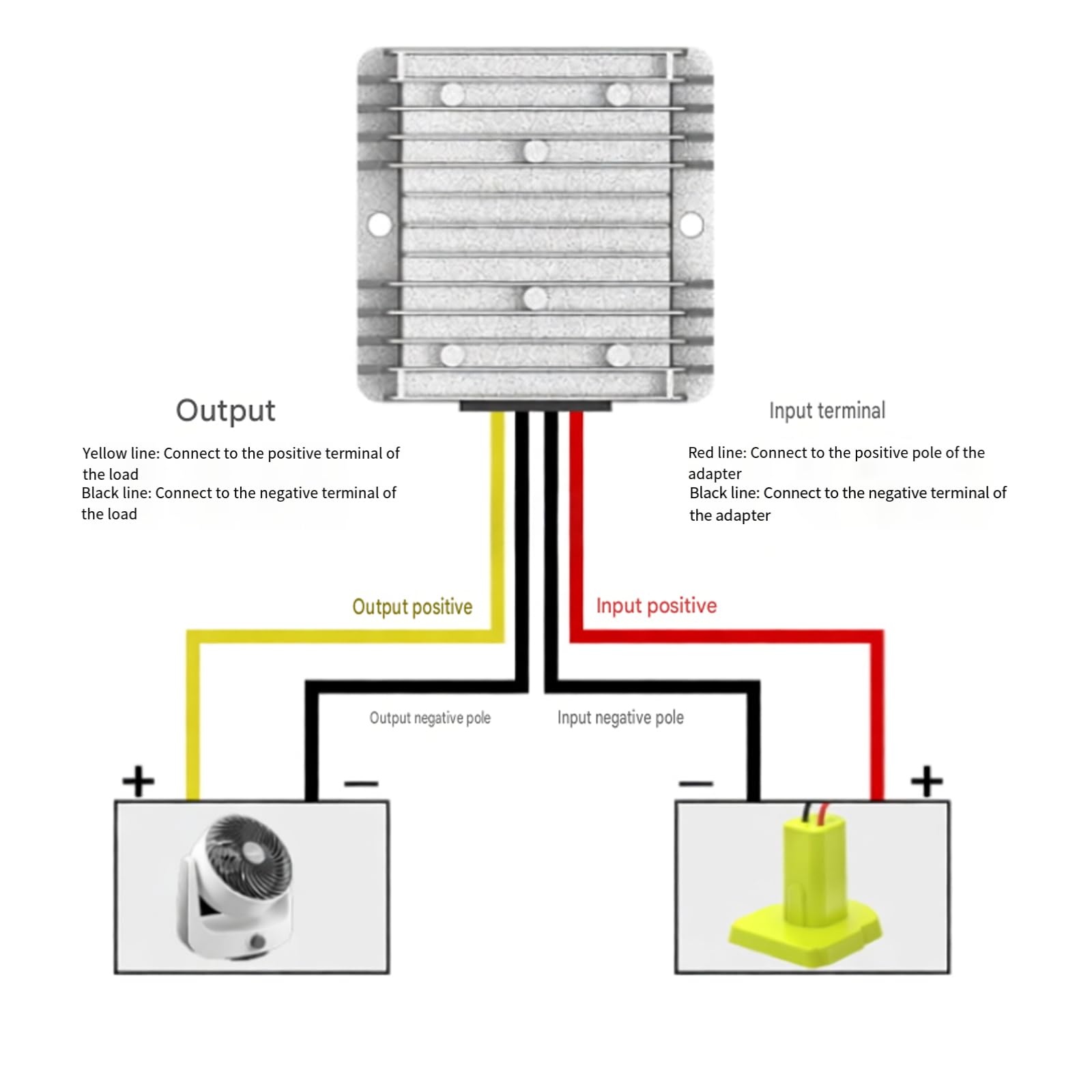 Adaptador de corriente de batería para salida de 12 V, convertidor de cable directo con base ABS y carcasa de metal con aletas para tareas de cableado