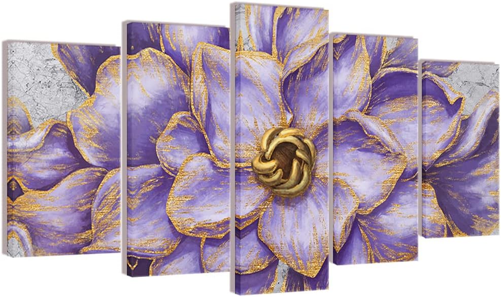 Kalormore 5 Pieces Vintage Purple Gold Flowers Painting Giclee Canvas Prints Floral Picture Artwork Gallery Wrapped Artwork for Modern Living Room Bedroom Ready to Hang