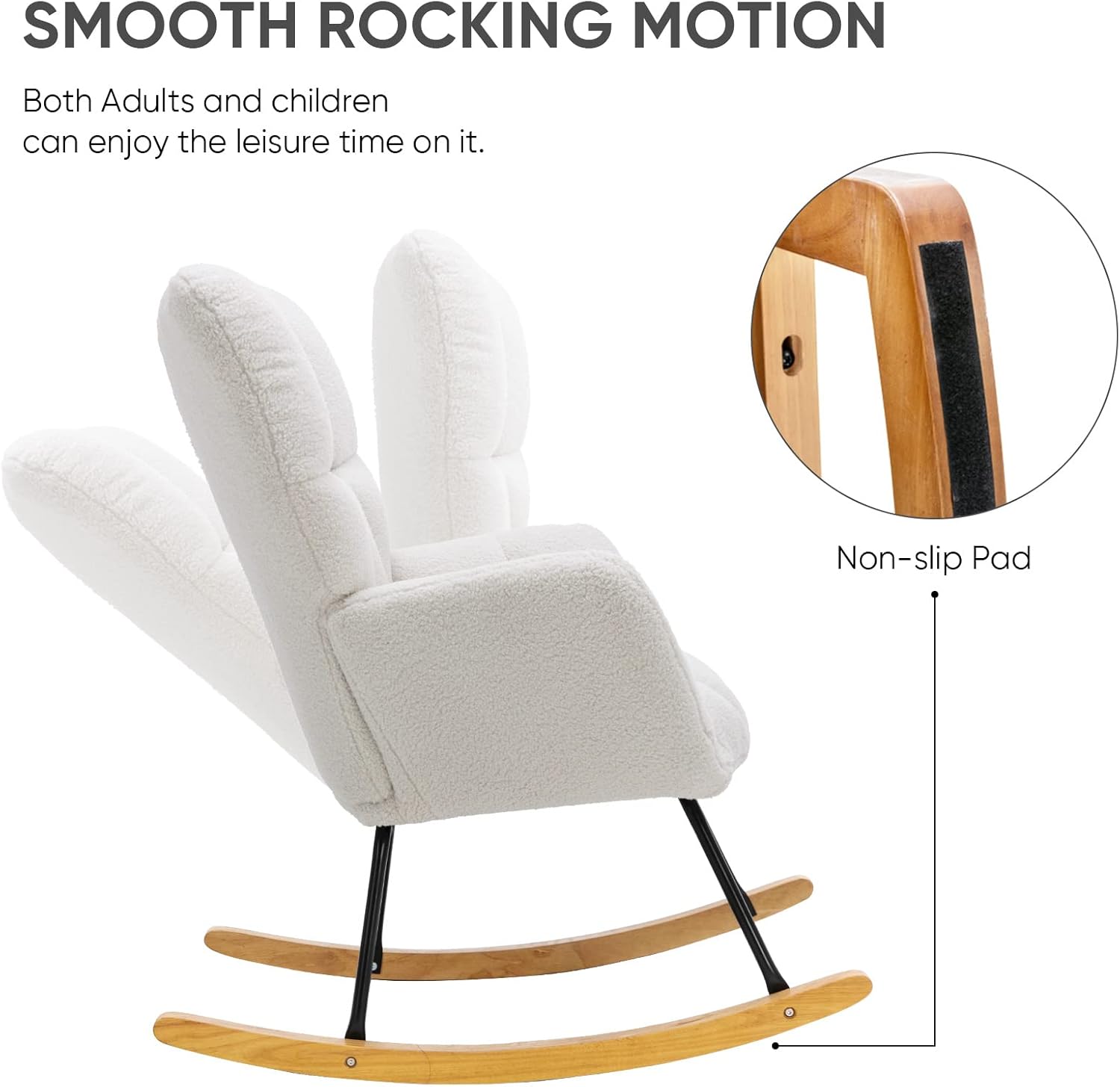 KINFFICT Nursery Rocking Chair, Teddy Velvet Upholstered Glider Rocker Rocking Accent Chair with High Backrest, Mid Century Modern Armchair Comfy Side Chair for Living Room Bedroom Offices