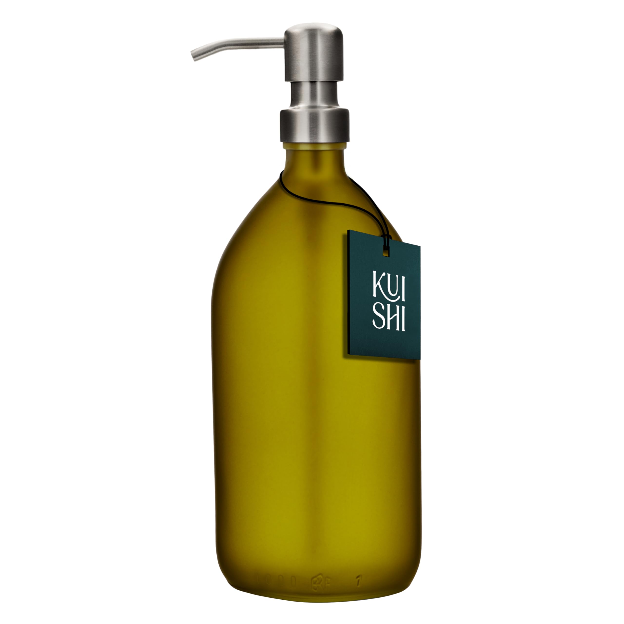 Kuishi 1000ml Green Matte Glass Soap Dispenser with Silver Stainless Steel Pump – Refillable BPA-Free Shampoo and Conditioner Dispenser - Hand Soap Bottle for Kitchen & Bathroom