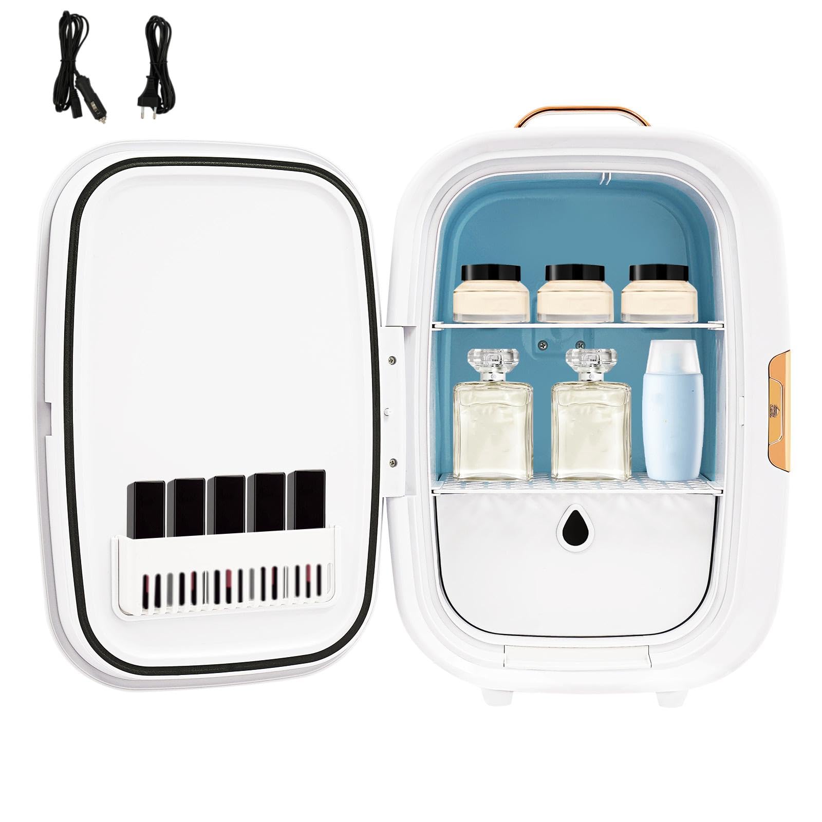 Kosmetik Kühlschrank, Minikühlschrank mit Spiegel, Warmweiße Beleuchtung, Helligkeitsregelbar, Leise, Haushalts- als mit Autostromkabeln Skincare Kühlschrank für Reisen, Haus, Auto