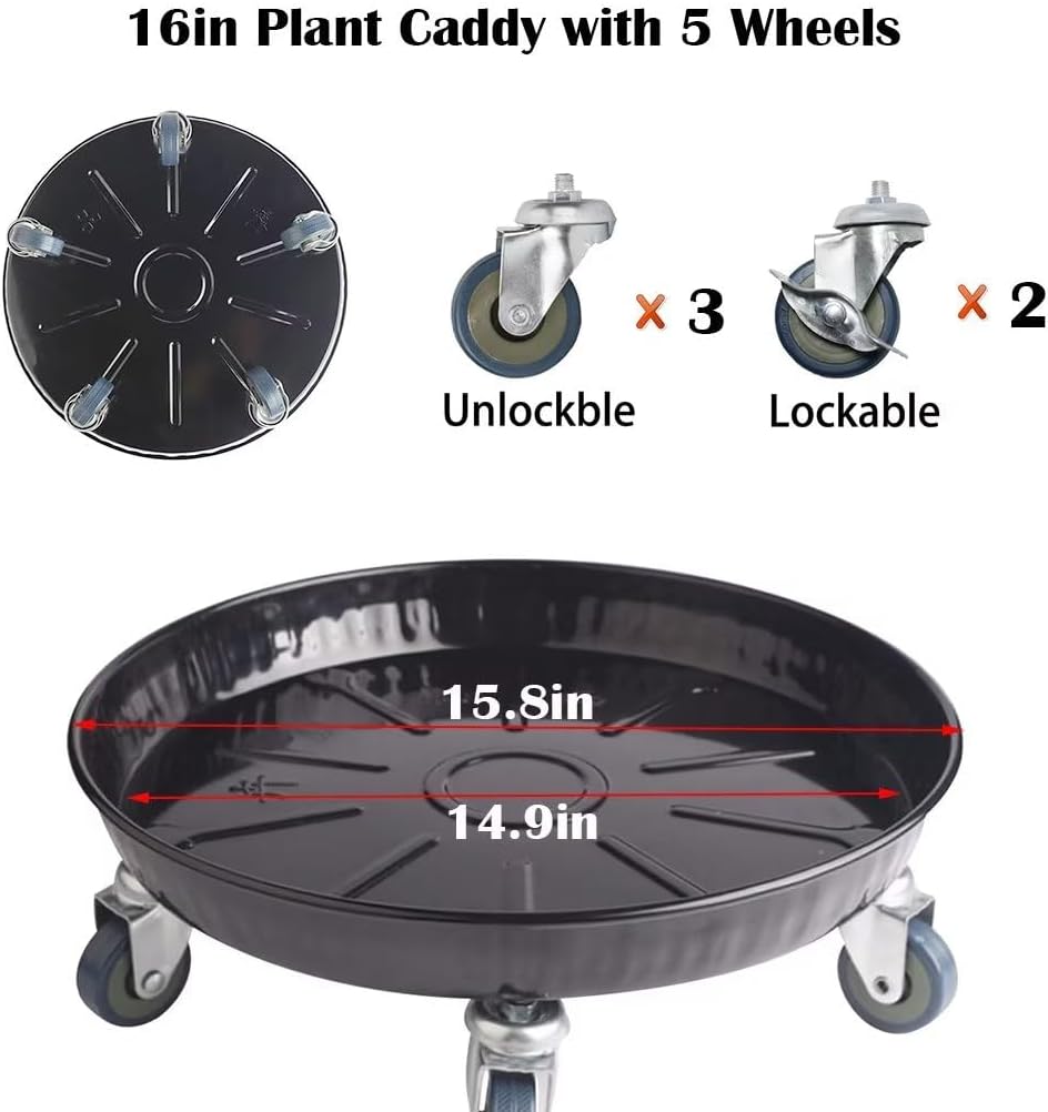 ARTLINE Round Plant Stand with Lockable Wheels, Heavy Duty for Indoor Outdoor, Large Rolling Dolly Planter Caddy on Casters to Carry Potted Flower Pot, Round Metal Tray NO Holes, Black 16" Black 2 Pack