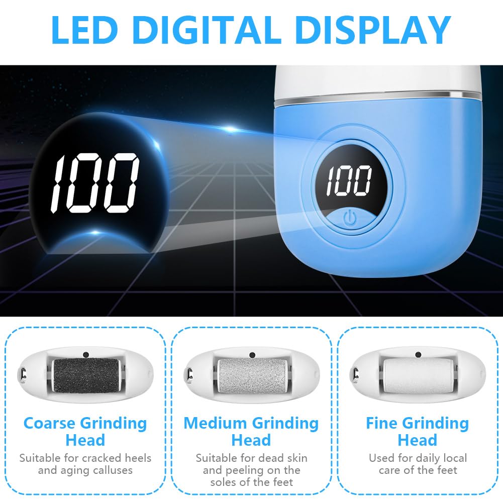 OSDUE Lima Electrica Pies Durezas, 2 en 1 Molinillo Pies Quita Durezas y Elimina Callos Profesional Foot File con 3 Rodillos Recambio Distintos Gramajes Pantalla Digital para Pies Suaves, Azul