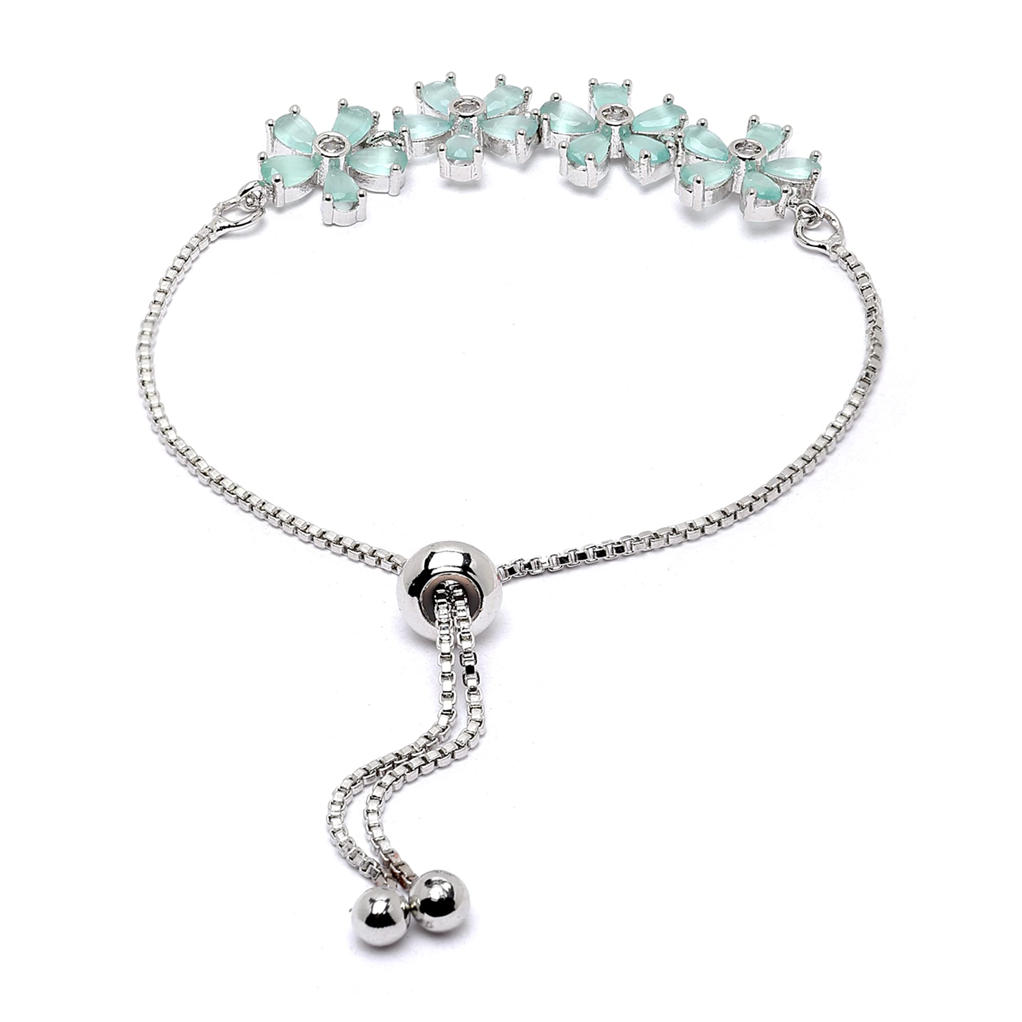 ZENEME Bracelet Rhodium-Plated Silver Toned American Diamond Studded Lime Green Floral Link Adjustable Bracelet For Women and Girls 4