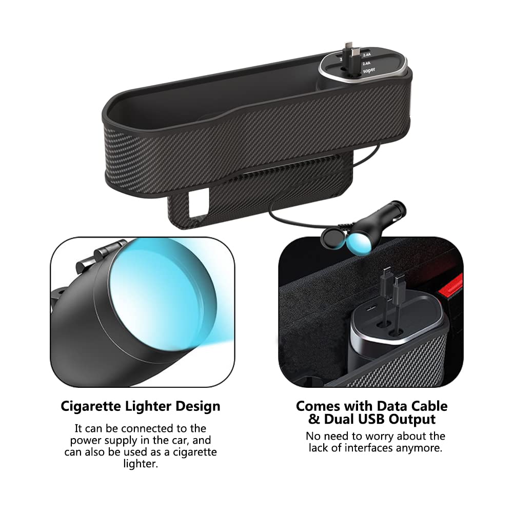 Riloer Organizador de asiento de coche multifuncional con soporte pequeño para vasos, organizador de relleno de brecha para asientos delanteros con 2 puertos USB