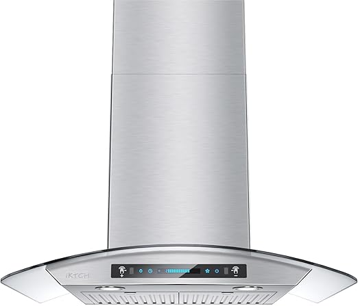 IKTCH 30-inch Wall Mount Range Hood Tempered Glass 900 CFM, Kitchen Chimney Vent Stainless Steel with Gesture Sensing & Touch Control Switch Panel, 2 Pcs Adjustable Lights(IKP03-30)