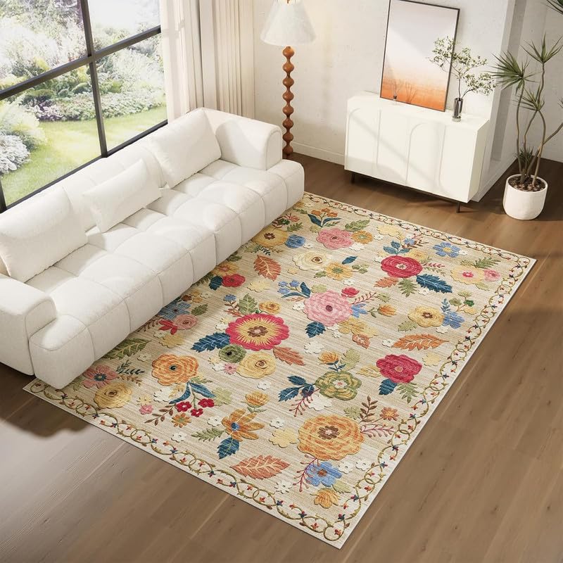 Washable Area Rugs for Living Room: 6x9 Area Rug for Bedroom Vintage Floral Large Rug Stain Resistant Non Slip Low Pile Faux Wool Soft Rugs for Entryway Dining Room Bedside Kitchen Nursery