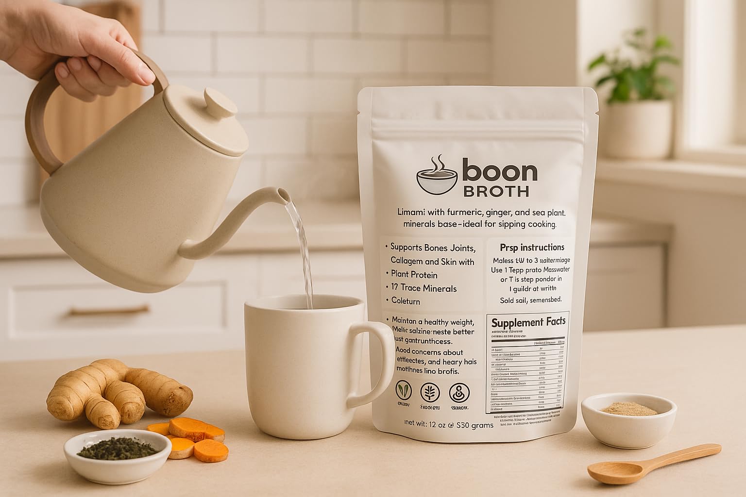 Boon Broth - Savory Plant-Based Soup Powder, High Calcium Broth with 72 Trace Minerals - Ideal for Sipping, Fasting, and The Bone Broth Diet - 30 servings