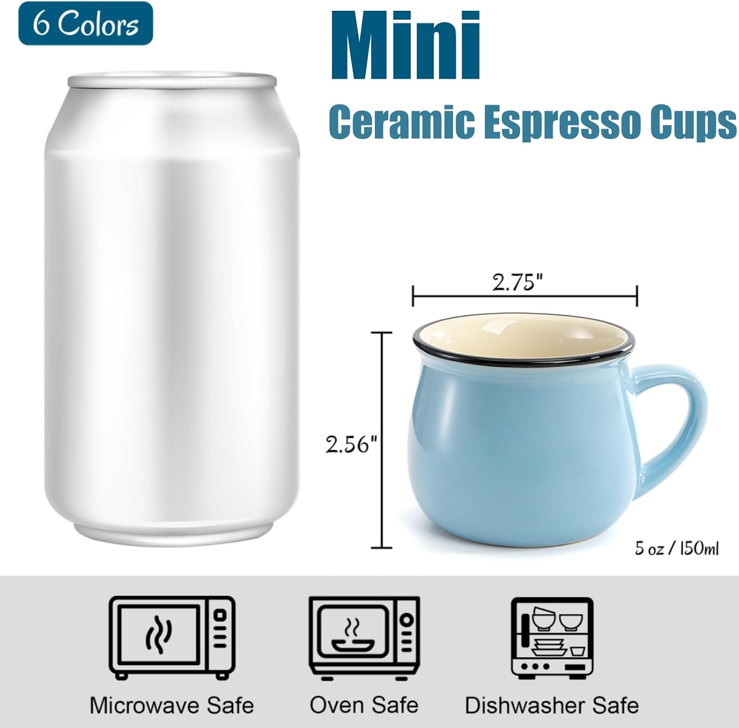 5 Oz 6 Pcs Cute Coffee Mugs, Mini Ceramic Espresso Cups, Small Demitasse Mugs with Handle for Home Kitchen Coffee Bar, Ideal Birthday Holiday Gift for Microwave & Dishwasher Safe