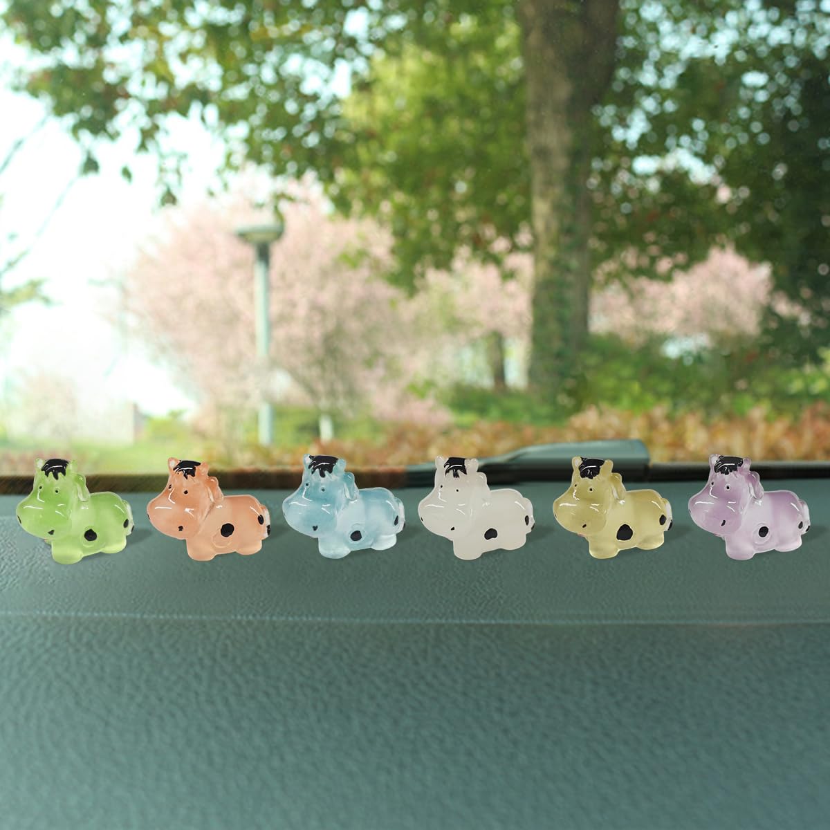 6PCS Cute Luminous Cow Car Dashboard Decoration Set - Mini Resin Rear View Mirror Ornaments Car Center Console