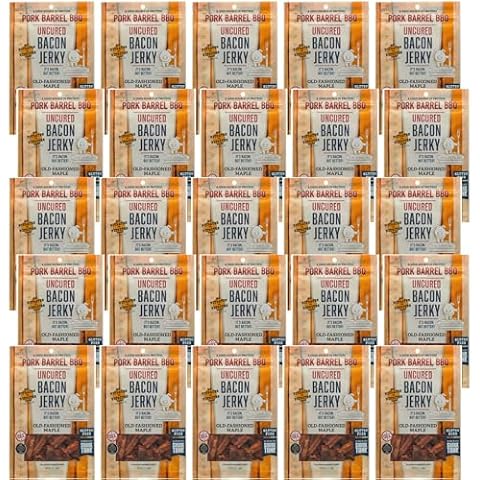 25 Pack of Maple Bacon Jerky (50 oz) I Pork Barrel BBQ Uncured Bacon Jerky Healthy Snacks Food, Maple Old-Fashioned, Sweet Maple and Brown Sugar with Smoky, Slow Cooked Bacon 25 pack of 2 OZ Snack Pack | As Seen on Shark Tank | Nitrate and Nitrite Free, Gluten Free Protein Snack (Maple Bacon Jerky) Cover