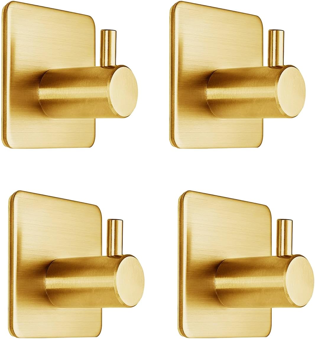 Matte Brushed Gold Adhesive Hooks 15LB (Max) Non Tarnish Sticky Hooks for Hanging Towels, Coat, Cloth, Purse, Hat, Key, Self-Adhesive Towel Holder for Shower Closet Bathroom-4 Packs