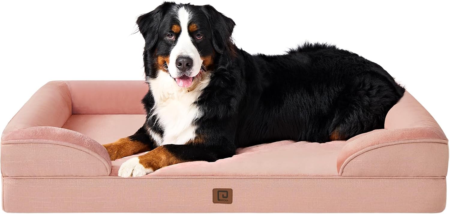 EHEYCIGA Orthopedic XL Dog Beds, Waterproof Memory Foam Dog Bed for Extra Large Dogs, Non-Slip Bottom and Egg-Crate Foam Big Dog Couch Bed with Washable Removable Cover, Dusty Pink 48.0"L x 35.0"W x 8"Th Dusty Pink