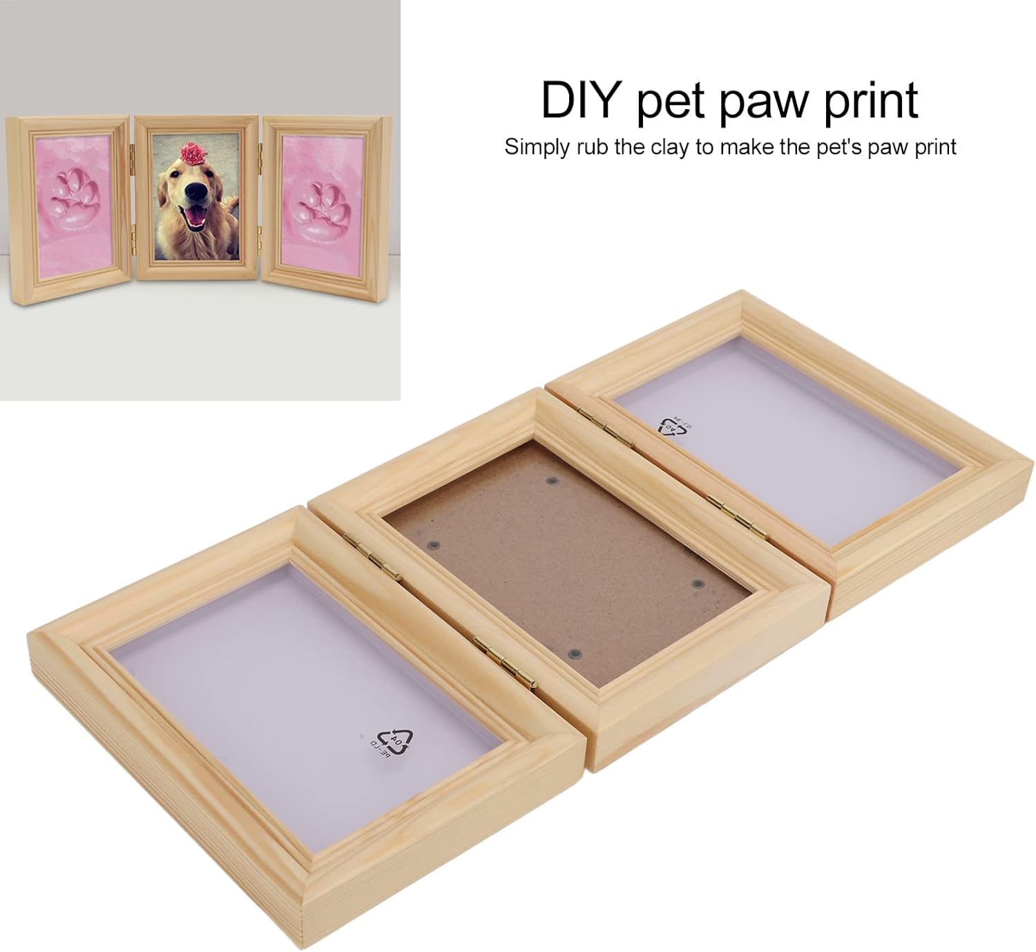Alvinlite Pet Paw Print Dog or Cat Pawprint Keepsake Kit Photo Frame With Clay Imprint Kit Premium Wooden Photo Frame with Triple Folding(pink clay)