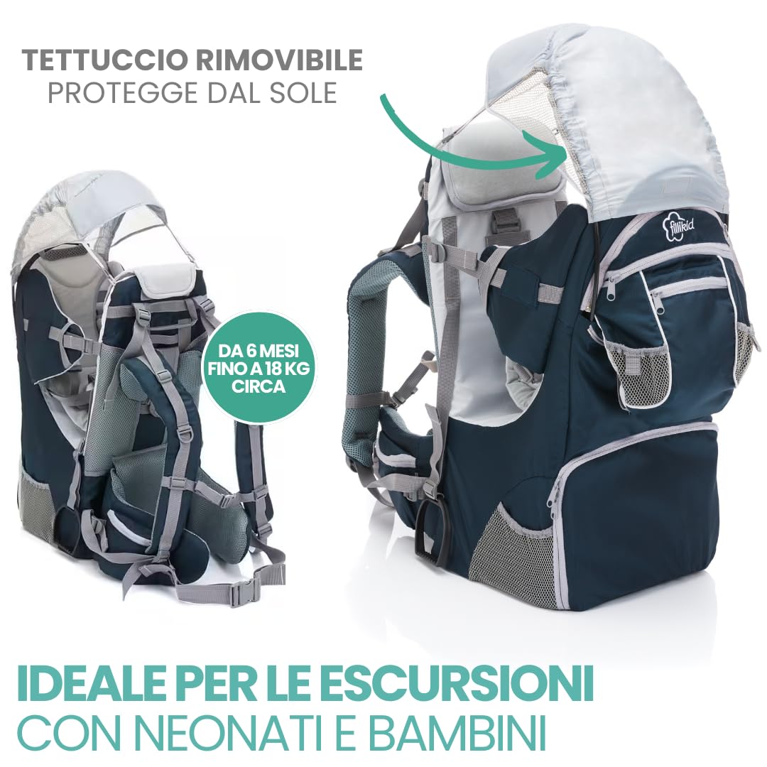 Fillikid Zaino Porta Bambino Montagna, con Protezione Sole, Cintura - Zaino Trekking Porta Bambino e Neonati da 6 Mesi Fino a 18 kg - Blu, grigio
