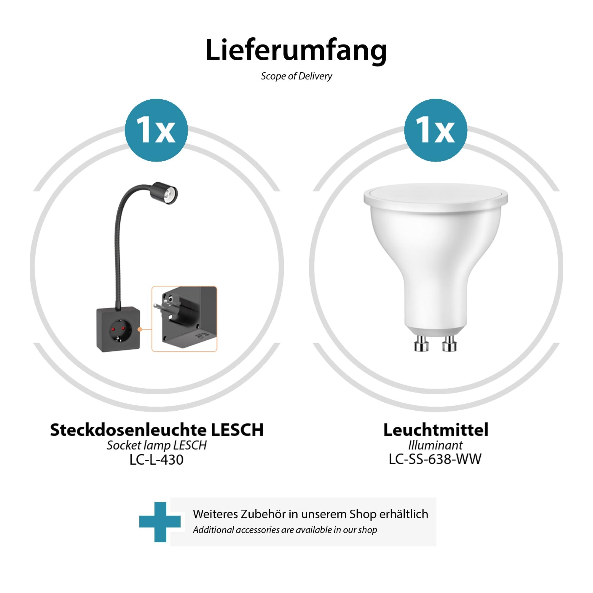 ledscom.de Steckdosenlampe LESCH Leselampe, chrom/schwarz inkl. GU10 LED Lampe 5,8W, 500lm, 3-Stufen-Dimmer, warmweiß