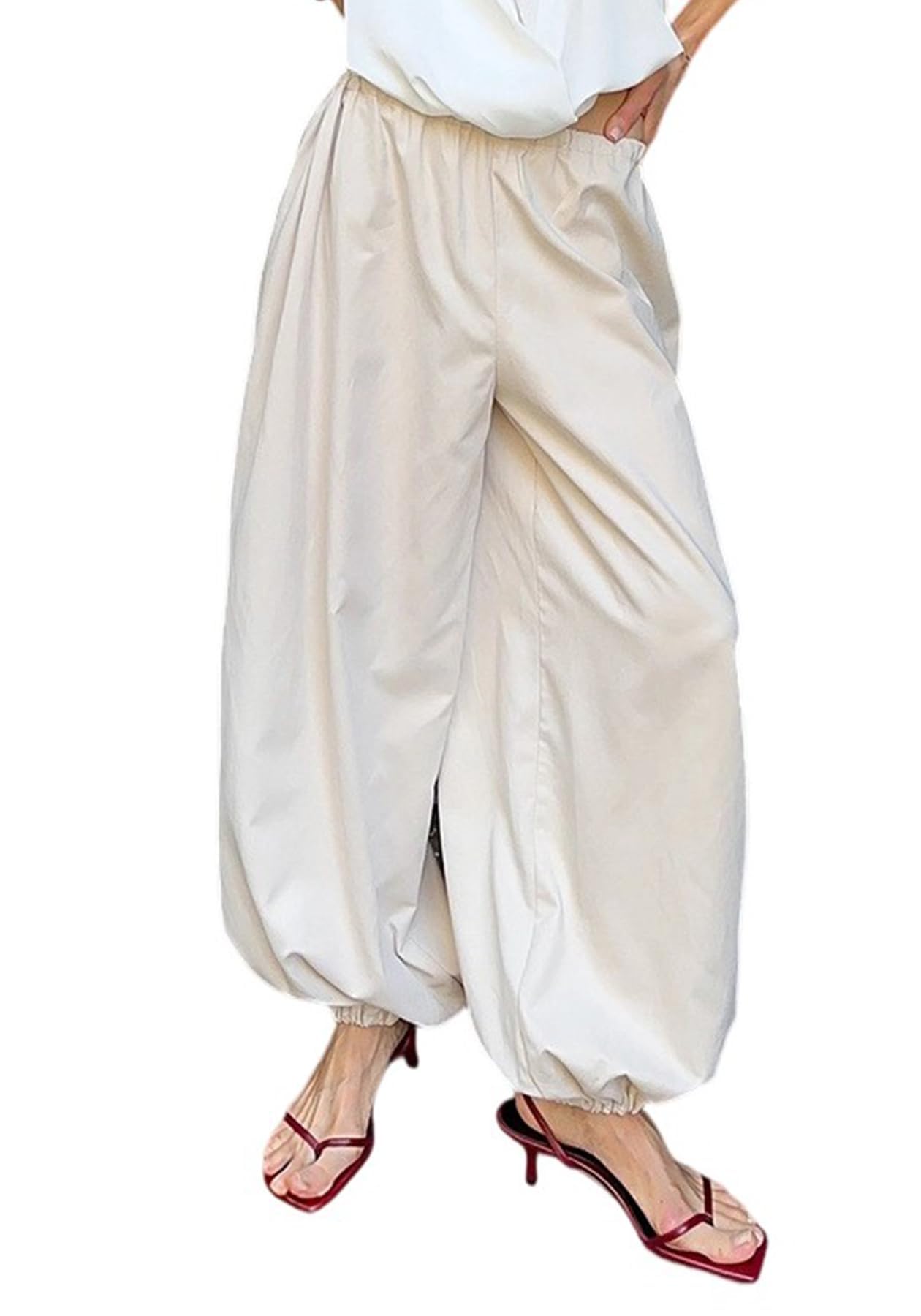 Tbahhir Womens Wide Leg Pleated Harem Pants Drawstring Elastic Waist Baggy Casual Palazzo Balloon Barrel Joggers