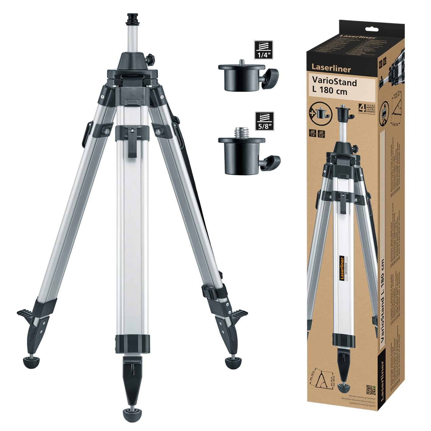 Laserliner VarioStand L - Treppiede da costruzione, 180 cm | Regolabile in altezza con manovella, adattatore da 1/4" e 5/8", robusto, per dispositivi laser, costruzione e misurazione