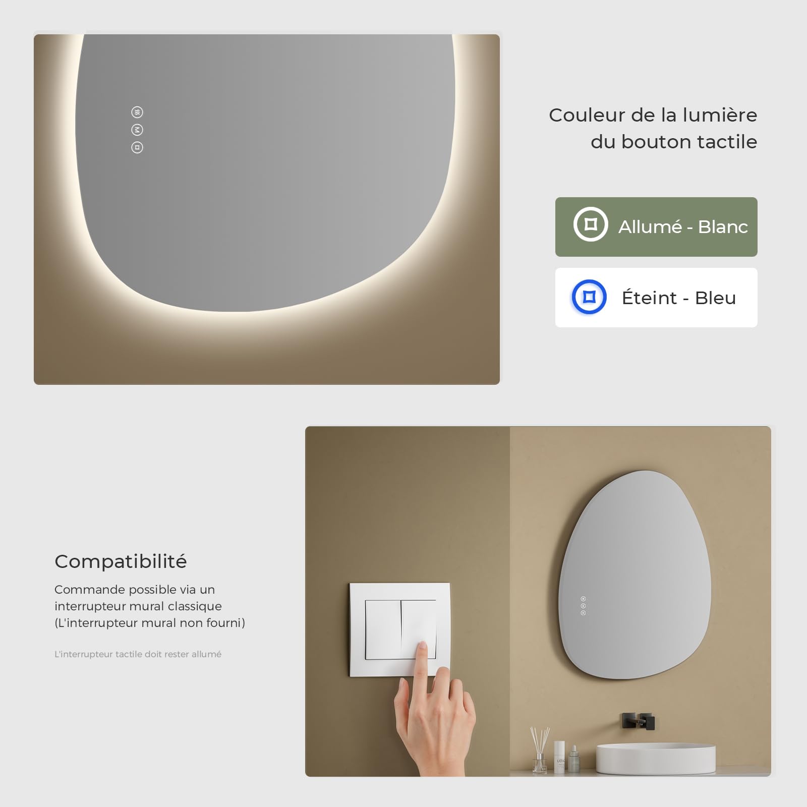 S'AFIELINA Miroir de Salle de Bain avec Éclairage 85×50×2,5 cm (H×L×P) Miroir Rond Asymétrique avec Interrupteur Tactile, Dimmable, 3 Couleurs de Lumière Réglables, Antibuée Miroir de Salle de Bain