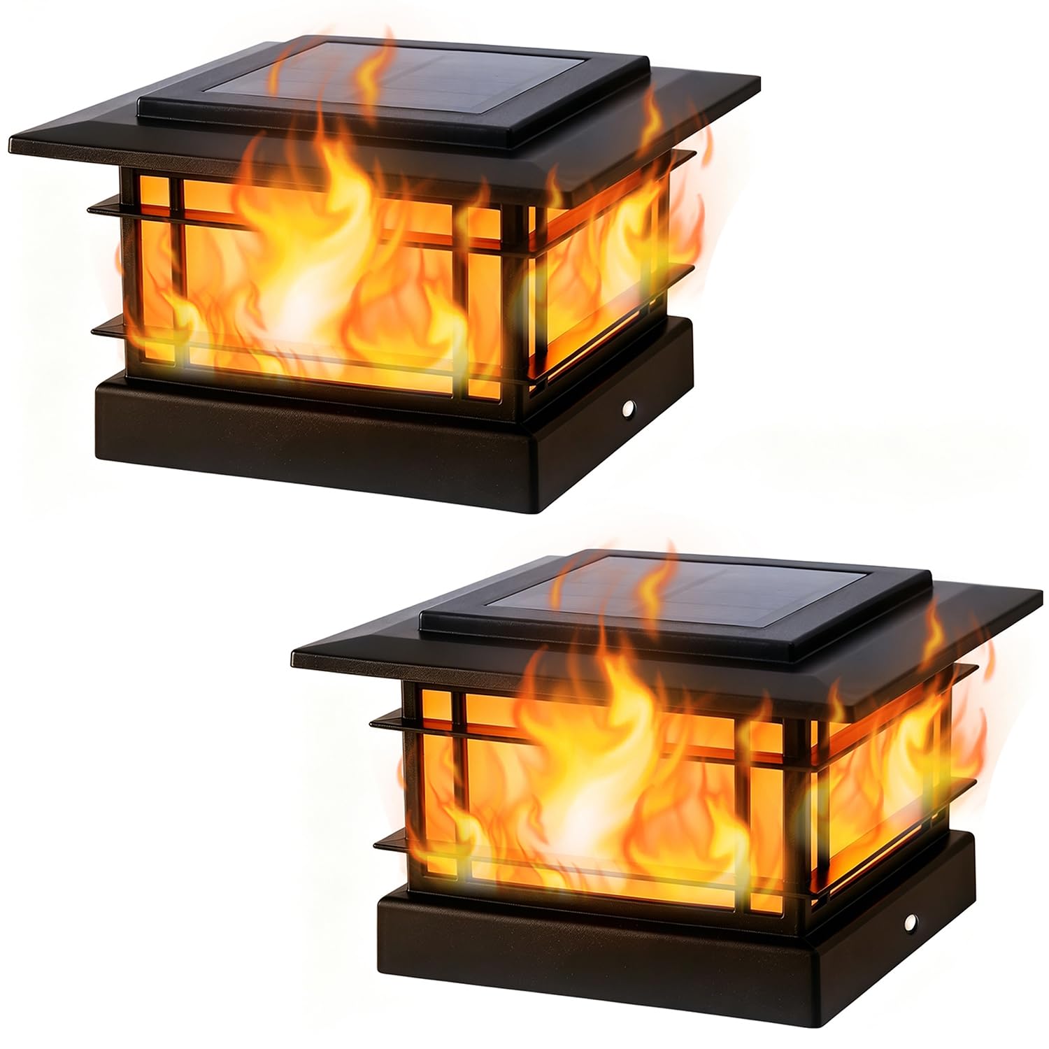 Dynaming 2 Stück Solar-Flammenpfosten-Lichter für den Außenbereich, solarbetriebene Zaunpfosten-Kappen-Lichter, hohe Helligkeit, flackernde Flamme, passend für 4x4, 5x5 oder 6x6 Holzpfosten