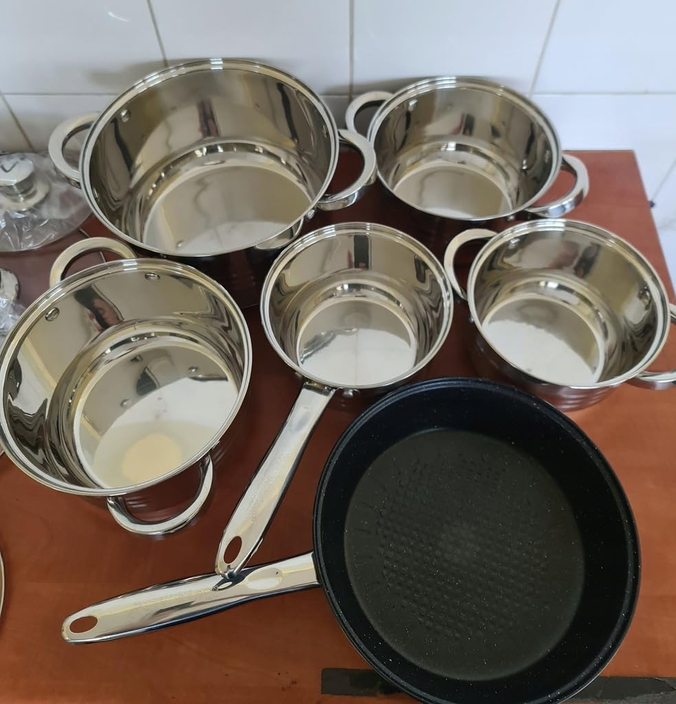 Zestaw garnków ze stali nierdzewnej, 12-częściowy 4 garnki, patelnia, rondel, pokrywka, indukcja