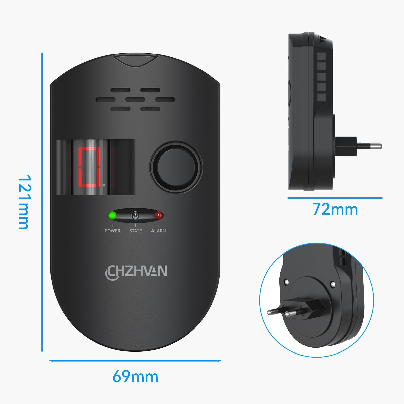 Sensor Enchufable para Detector de Gas/Gas Natural/GLP Carbono con Alarma Sonora, Pantalla Digital LED, y Monitoreo para Metano, Propano, Butano Gases Combustibles