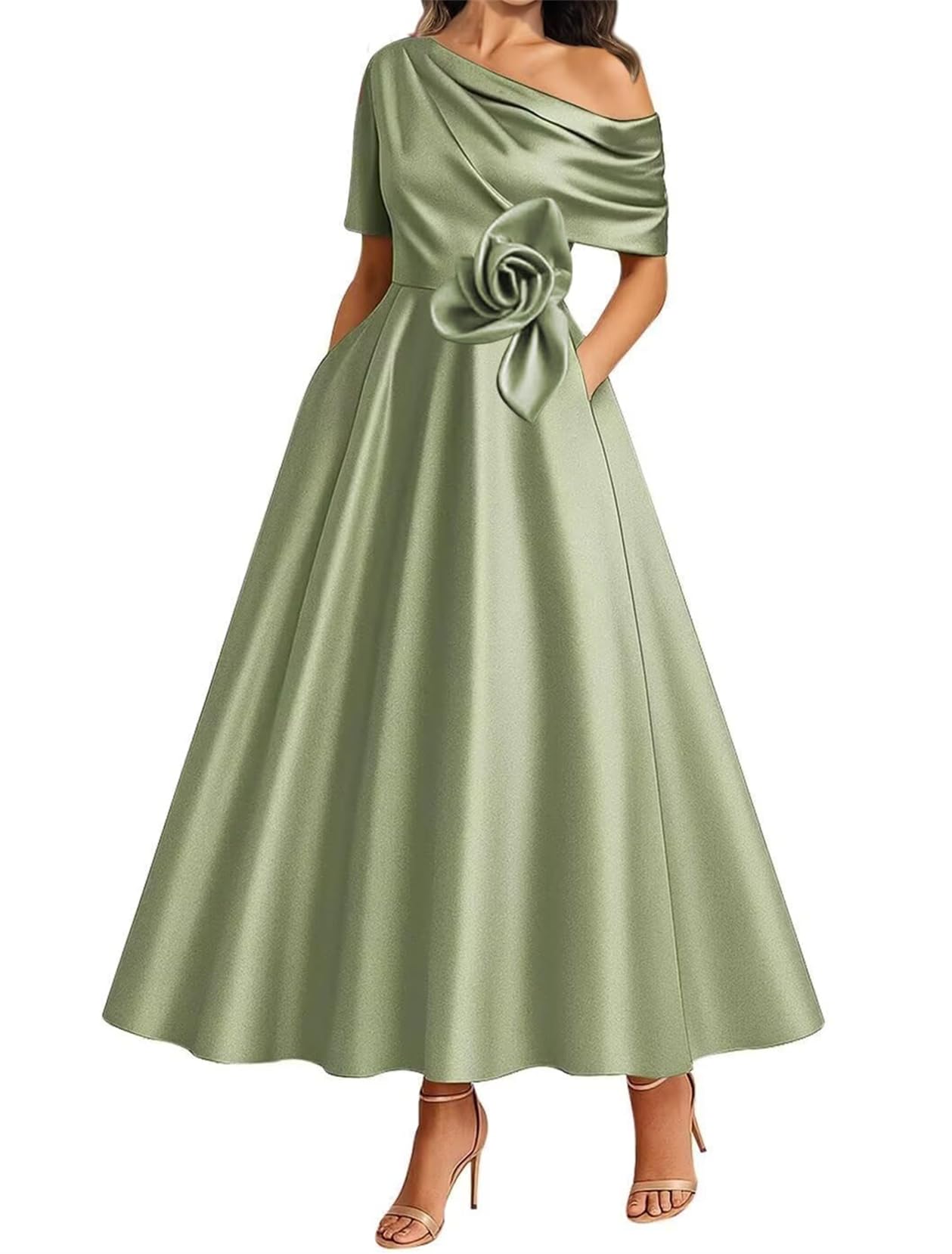 Wisiyle Women's Sage Green 3D Flower Bridesmaid Dresses Cap Sleeve Prom Mother Of The Bride Dress One Shoulder Wedding Formal Gowns Wql008 Uk16