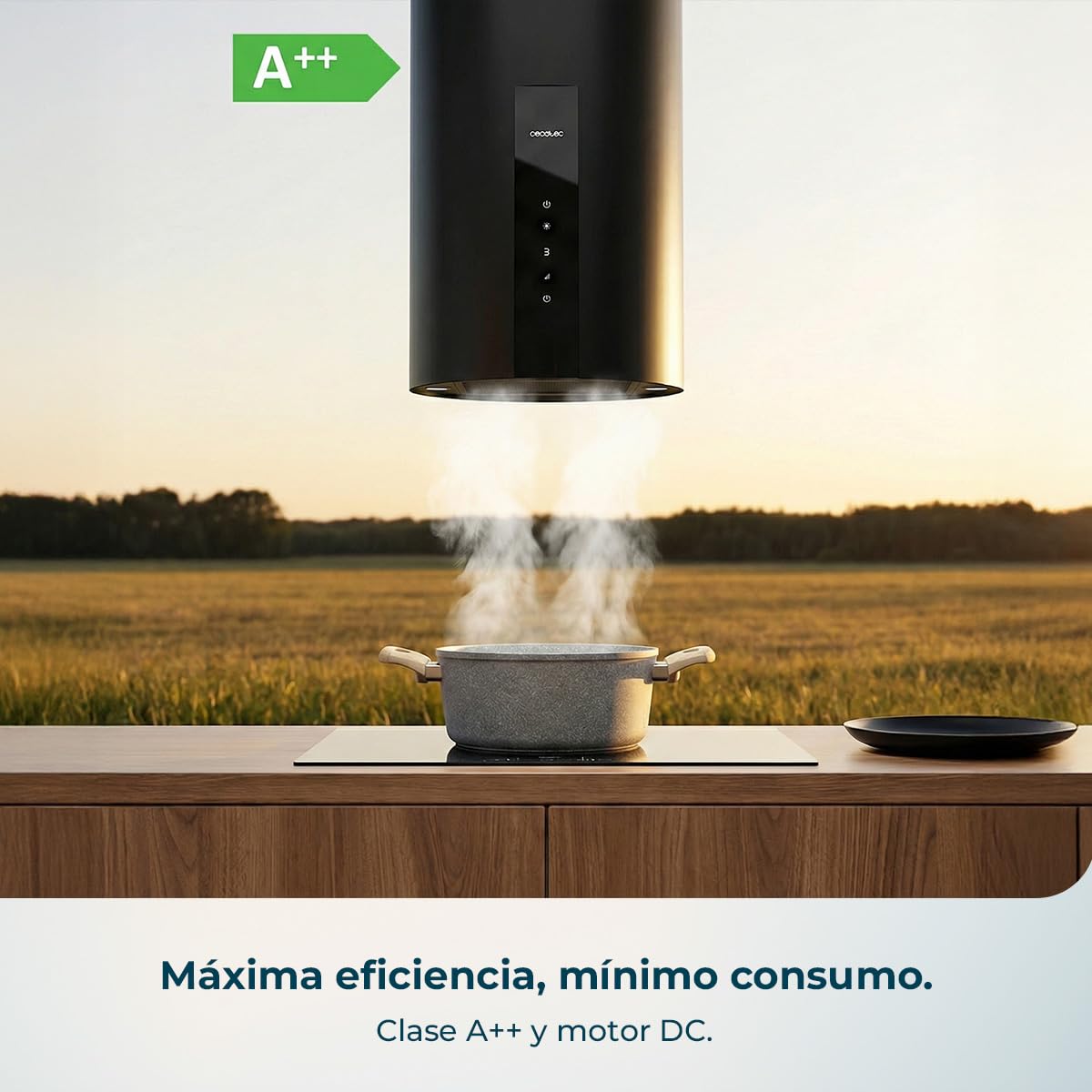 Cecotec Campana Extractora Redonda de Pared 35 cm Bolero Flux DRT 358000 Black A++. Acabado en Negro, Succión 715 m³/h, 2 Velocidades + Función Booster, Filtros de Carbono, Clase A++, Control Táctil