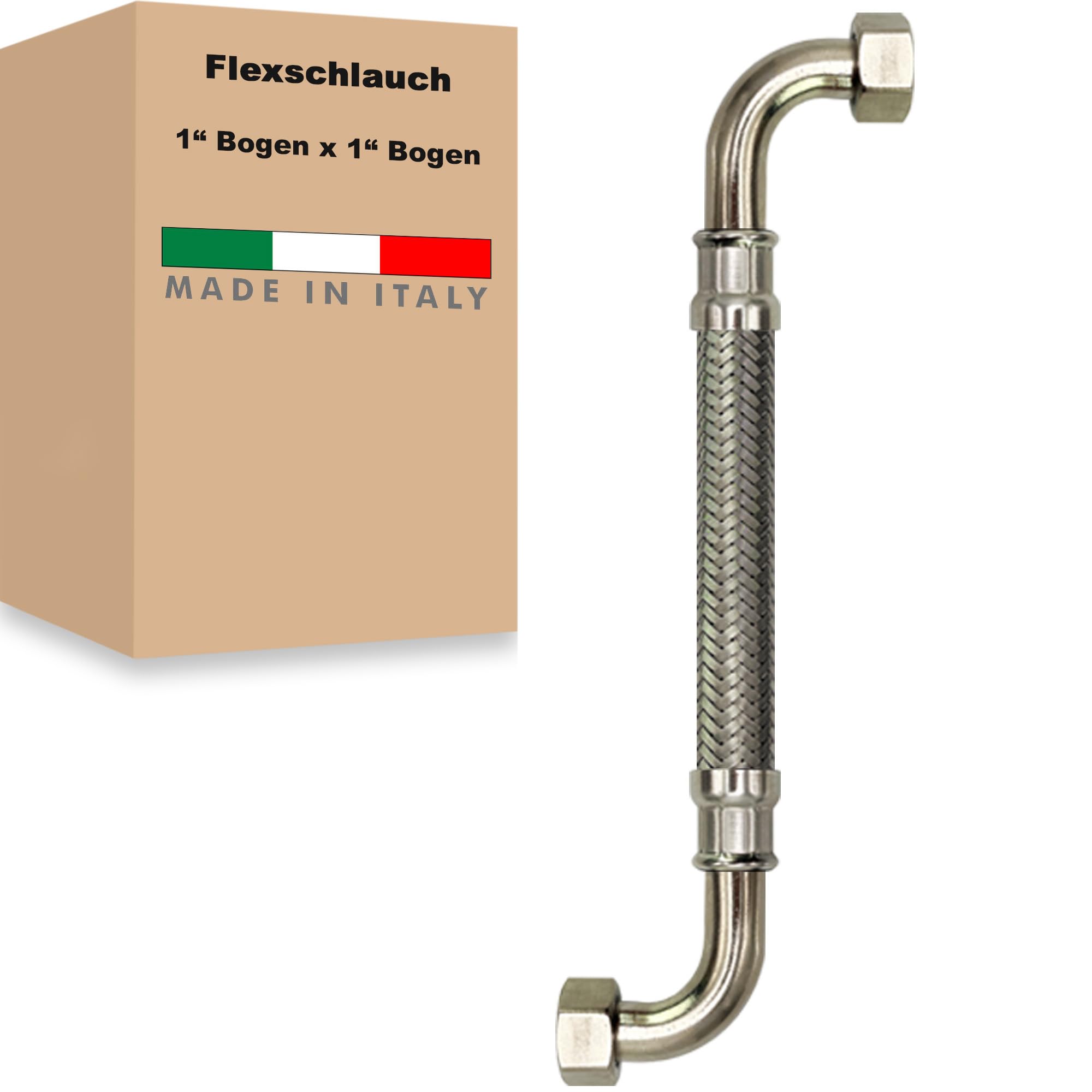 Flexschlauch ÜM-BOGEN x ÜM-BOGEN Edelstahl Panzerschlauch Anschlußschlauch Sanitär Armaturenschlauch Hauswasserwerk Made in Italy (1" x 1" - 1500 mm - Z-Form)