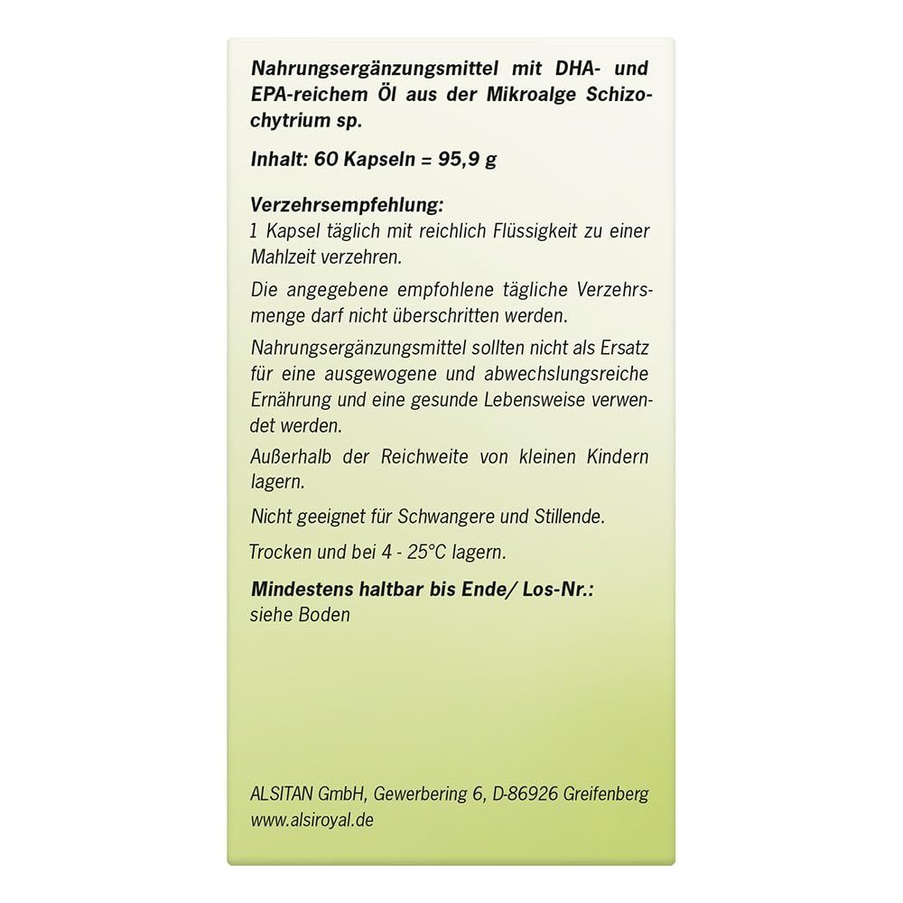 Alsiroyal Algenöl 1300 Omega-3 · hochdosiert 420mg DHA+250mg EPA pro Kapsel | 55% pflanzliches Omega-3 · vegane Alternative zu Fischöl · top Geschmack · stark für Herz, Augen, Gehirn · laborgeprüft