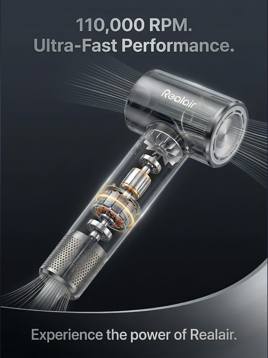 High-Speed Hair Dryer with Diffuser, 110,000 RPM Professional Brushless Motor for Ultra-Fast Drying, 200M Negative Ionic Blow Dryer, NTC Intelligent Heat Control, Portable & Quiet for Travel,
