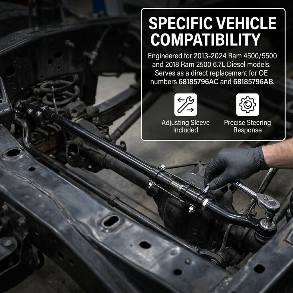 Heavy Duty Steering Center Link and Drag Link Assembly for 2013-2024 Ram 4500, Ram 5500 - Includes Adjusting Sleeve, Inner & Outer Tie Rod Ends