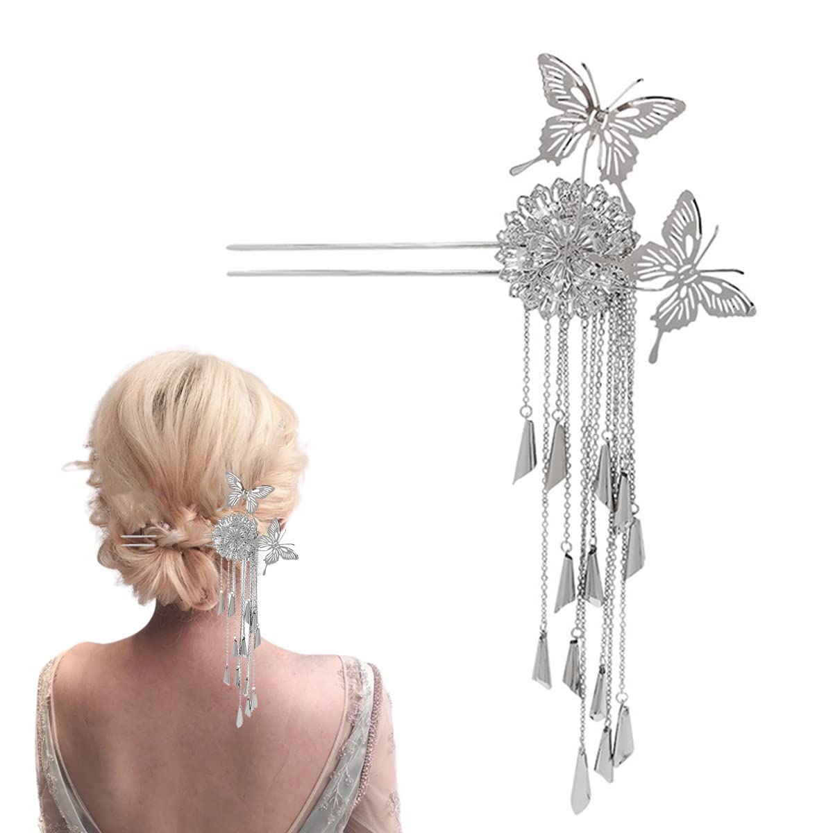 baguette pour cheveux, Épingle à cheveux papillon antique en forme de U, baguettes à cheveux, épingles à cheveux de fixation de chignon, bâtons de cheveux à pompon papillon en métal, accessoires de pi