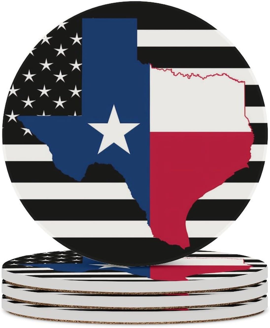 Texas State Black U.S. Flag Round Ceramic Coasters Print Drinks Absorbent with Cork Base for Home Decor Gifts 4 Inch
