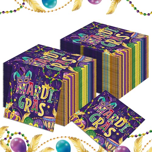 OXYLIPO 100Pcs Mardi Gras Paper Napkins Mardi Gras Colorful Disposable Lunch Dinner Paper Napkin Set Mardi Gras Tableware Birthday Baby Shower Party Supplies 6.5 * 6.5 Inch
