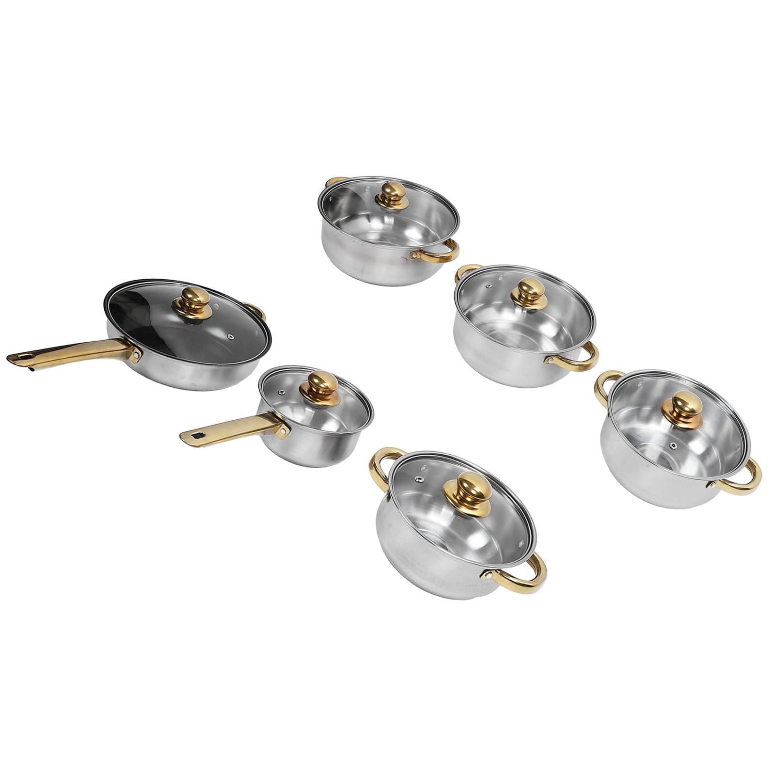 Generic Zestaw naczyń ze Stali Nierdzewnej, Nierdzewny, Elegancki Design, Wielofunkcyjne Patelnie i Garnki do Domowej Kuchni, 6 Sztuk (Złoty uchwyt)
