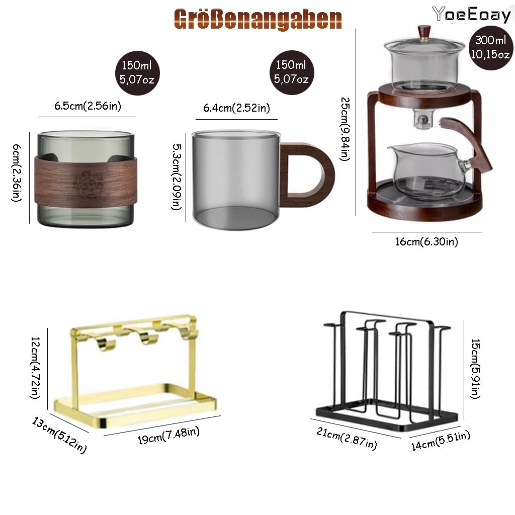 Hochwertig Lazy Tea Set Vintage Teekanne Holzsockel Hitzebeständiges Glas - Teeset, Magnetische Wasserumleitung, Halbautomatisches Teeset Ideal Für Grüntee, Kräutertee Und Tee (Durchscheinend)