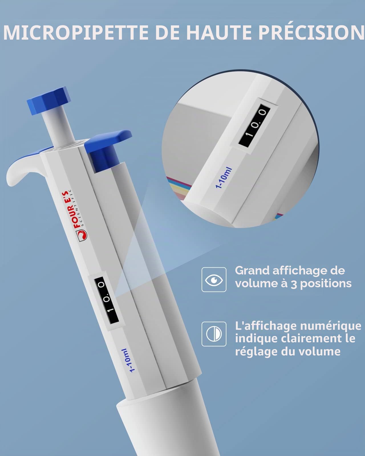 1-10ml Pipettes à simple canal de laboratoire Micropipette Pipette de laboratoire Incrément 100µl ISO8655