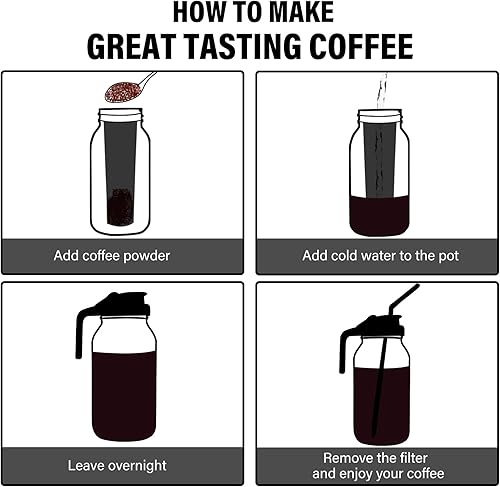 Miniatura 5 de Cafetera de infusión fría, 64 onzas (2 cuartos de galón) de boca ancha de vidrio con tapa de boquilla con filtro de acero inoxidable para café