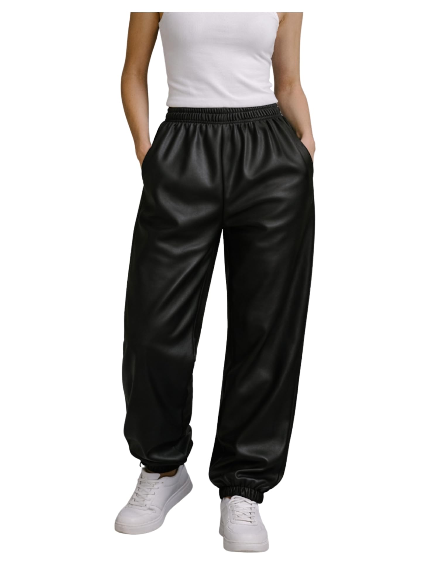Women’s Luxe Vegan Leather Joggers | High-Waist Relaxed Fit Pants with Elastic Waist | Stylish Casual, Travel Bottoms-picture-46